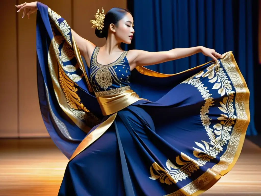 Una bailarina javanesa lleva una exquisita vestimenta tradicional en danzas de Java, con telas de batik en tonos índigo y detalles dorados, evocando la expresión artística y cultural de la danza