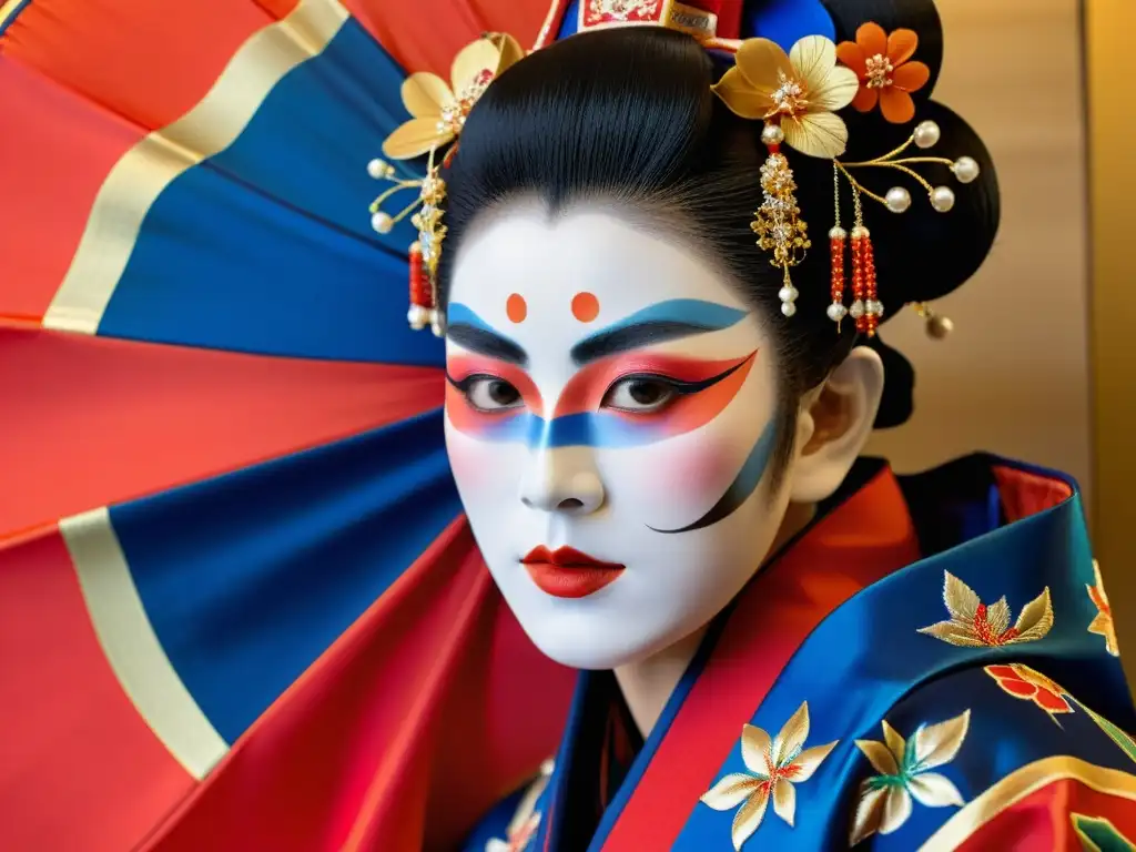 Una bailarina de kabuki con un kimono japonés tradicional icónico de colores vibrantes y bordados detallados