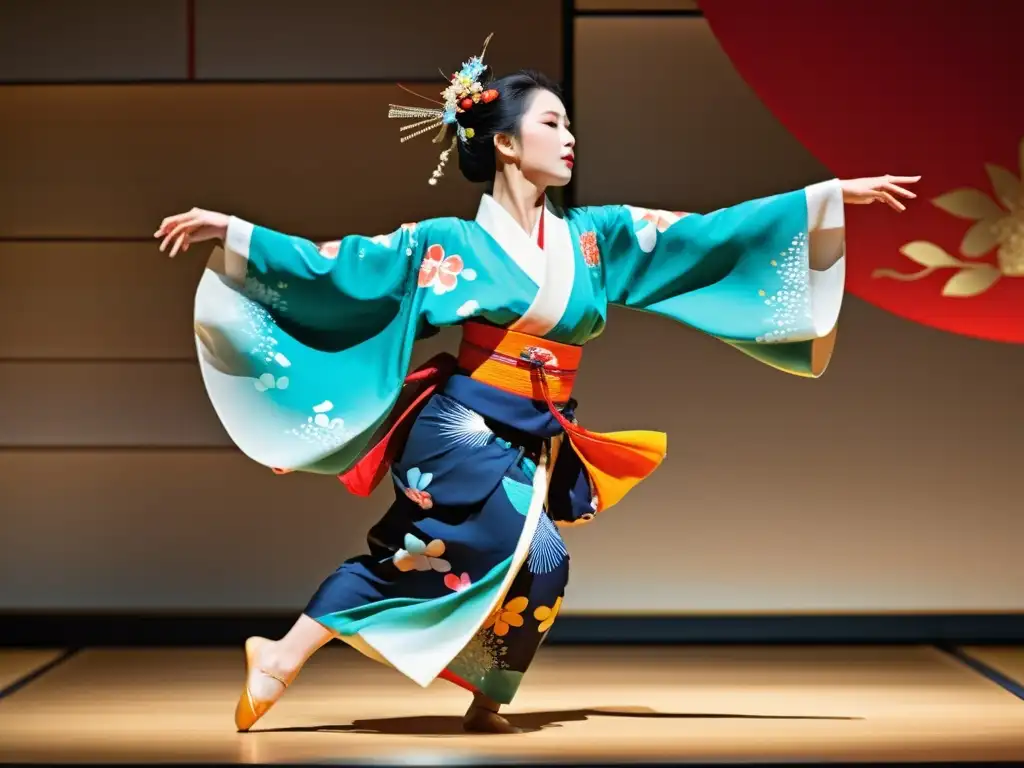 Una bailarina de Nihon Buyo en kimono vibrante, movimientos fluidos baile tradicional Japonés