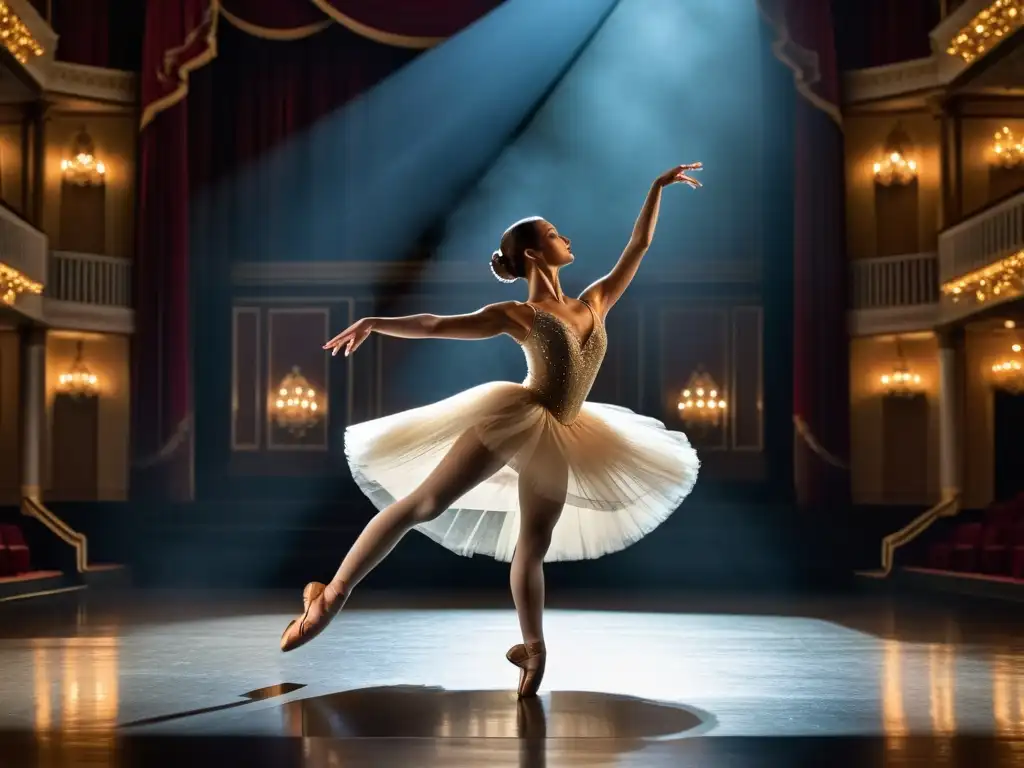 Una bailarina en un majestuoso teatro, iluminada por un foco mientras realiza un perfecto arabesco, destacando la evolución del vestuario de baile