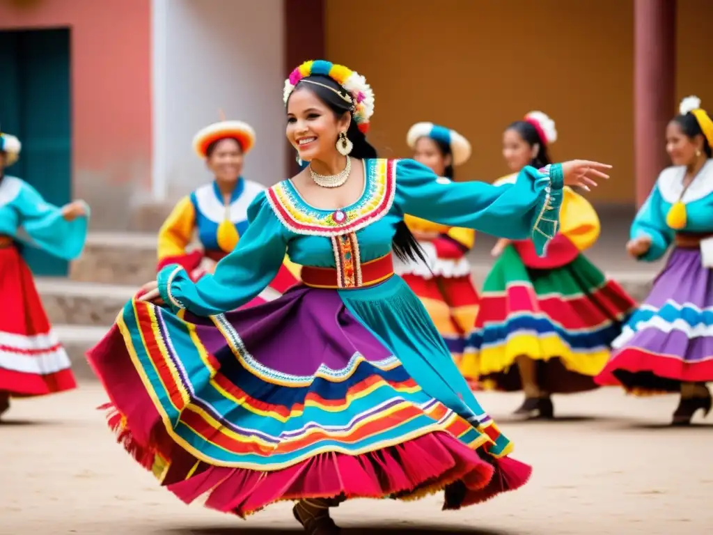 Una bailarina de marinera peruana gira con gracia en un traje vibrante y ornamental, rodeada de músicos apasionados en una plaza histórica