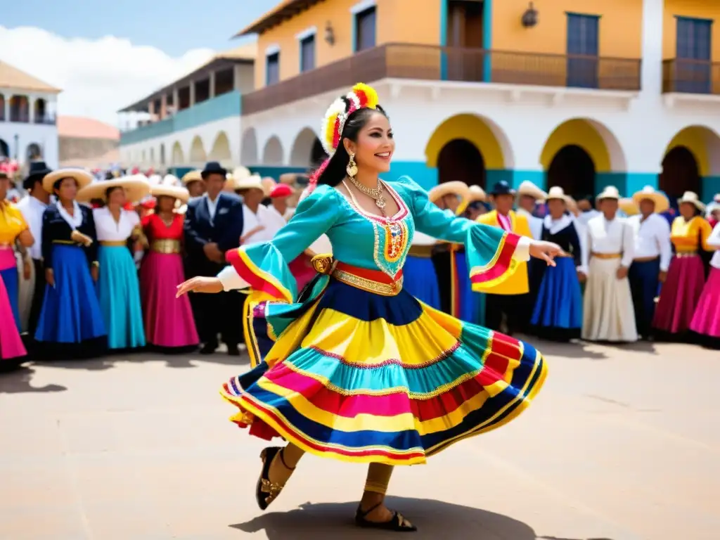 Una bailarina de marinera peruana en Trujillo, con traje colorido, danzando con gracia