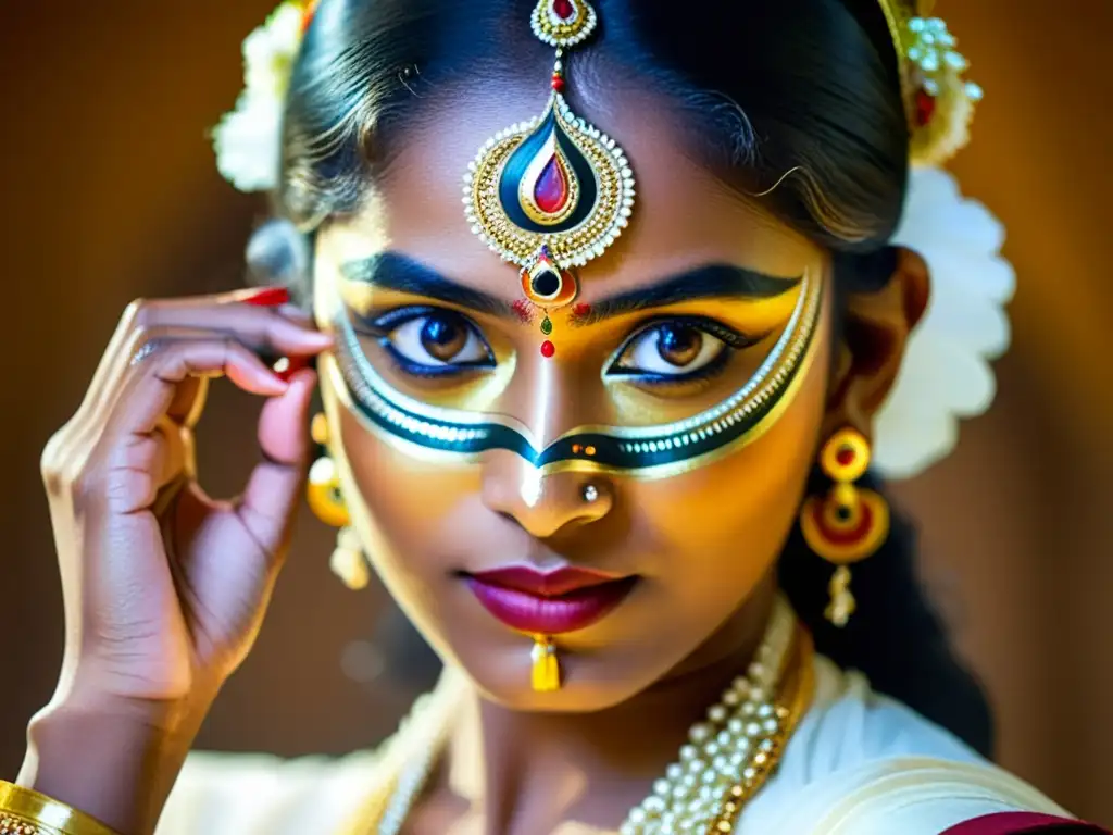 Una bailarina de Mohiniyattam con expresivos ojos maquillados y joyas tradicionales