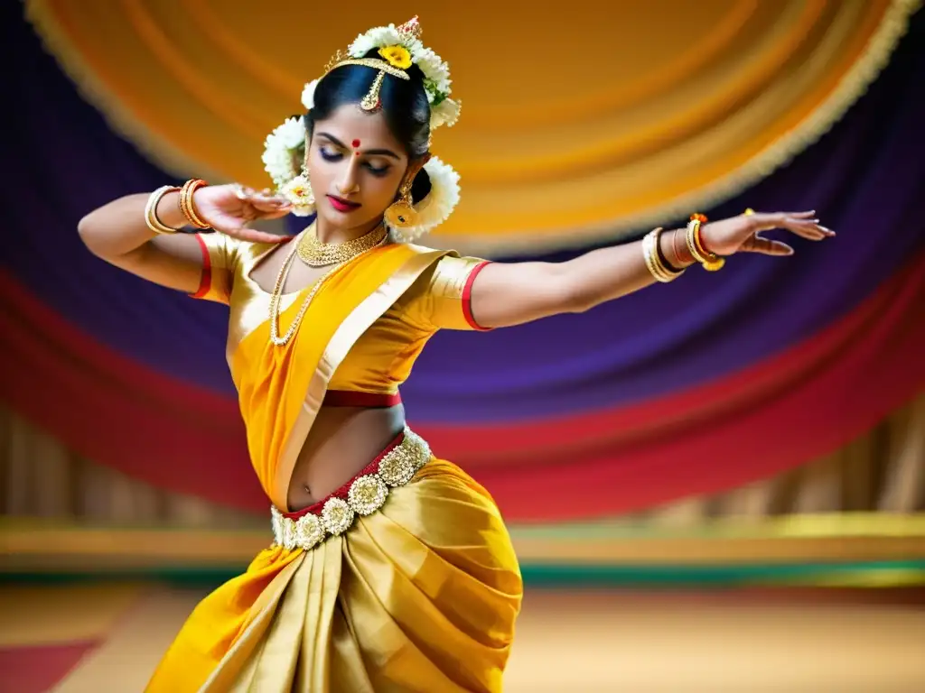 Una bailarina de Mohiniyattam con traje tradicional y joyas doradas, interpretando una danza llena de significado cultural en la India