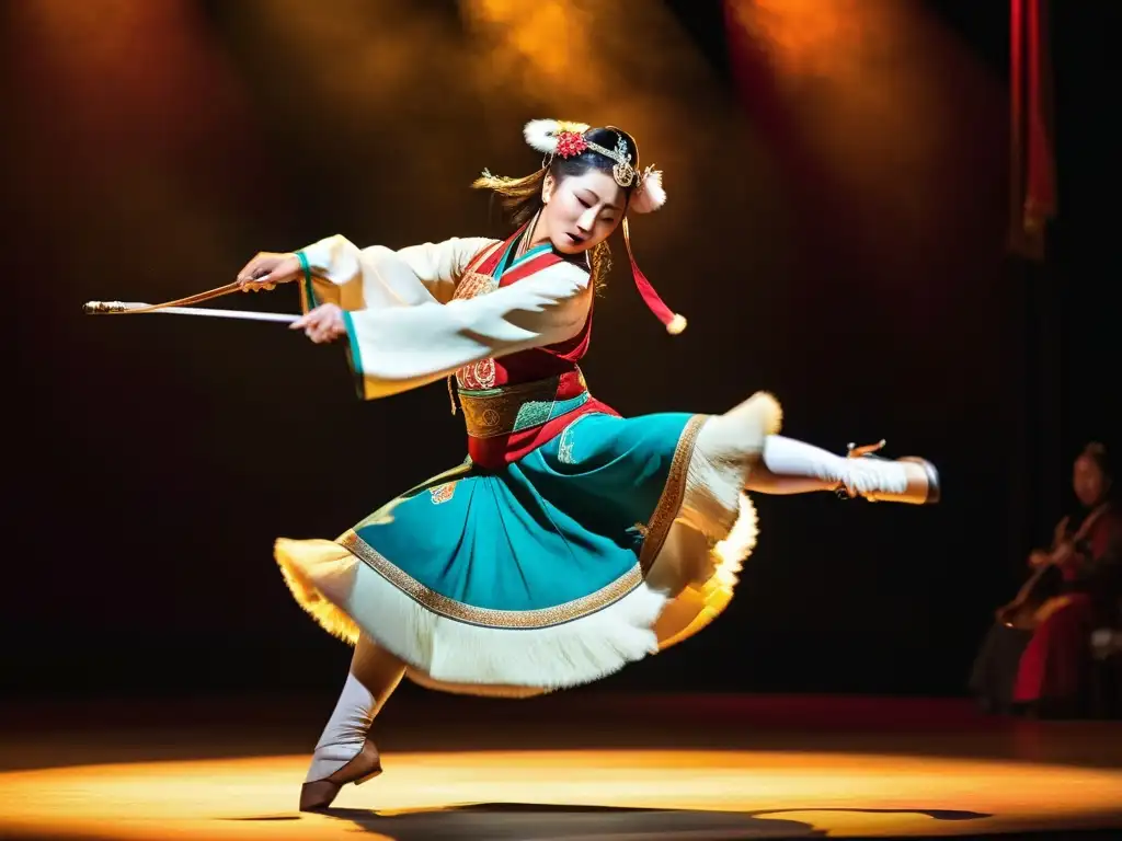 Una bailarina mongola en traje tradicional y colorido danza con gracia sosteniendo un Morin Khuur