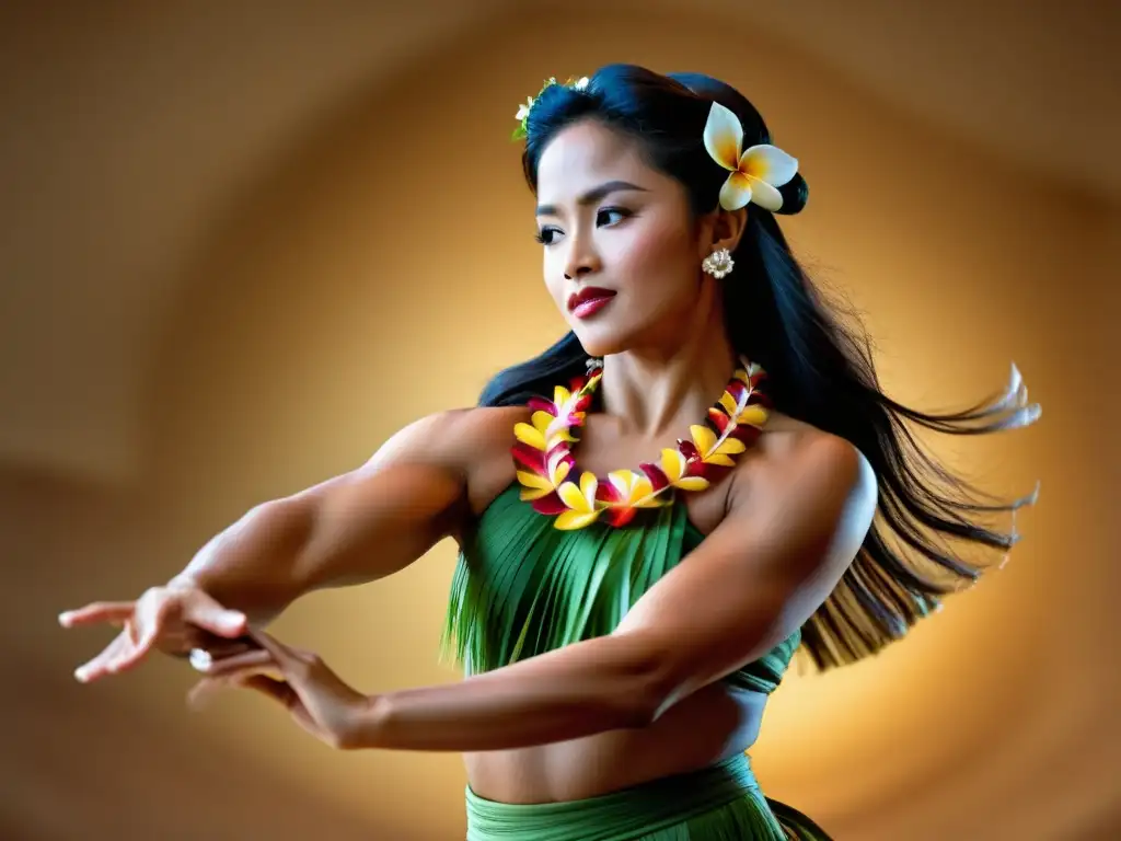 Una bailarina de hula realiza un movimiento grácil, mostrando la fuerza y flexibilidad necesarias para la danza hawaiana