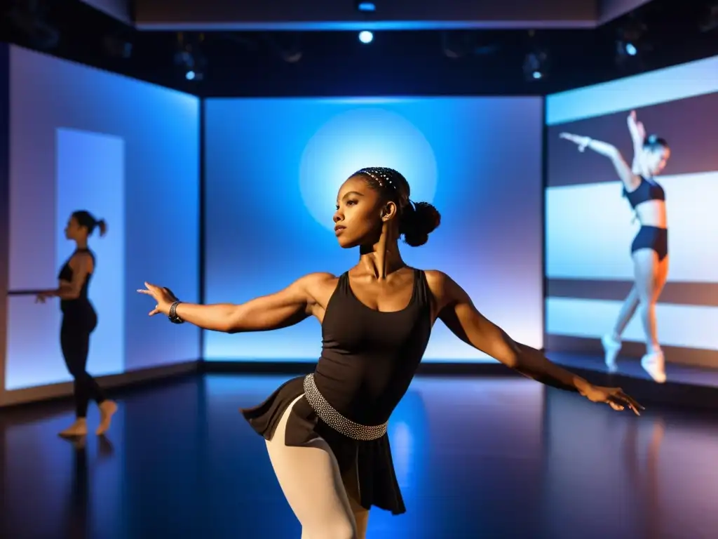 Una bailarina practica movimientos de danza intrincados en un estudio futurista con tecnología avanzada para retener coreografías complejas