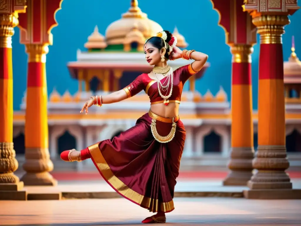 Una bailarina de Bharatanatyam realiza movimientos elegantes y expresivos, con vestimenta tradicional y fondos de arquitectura india