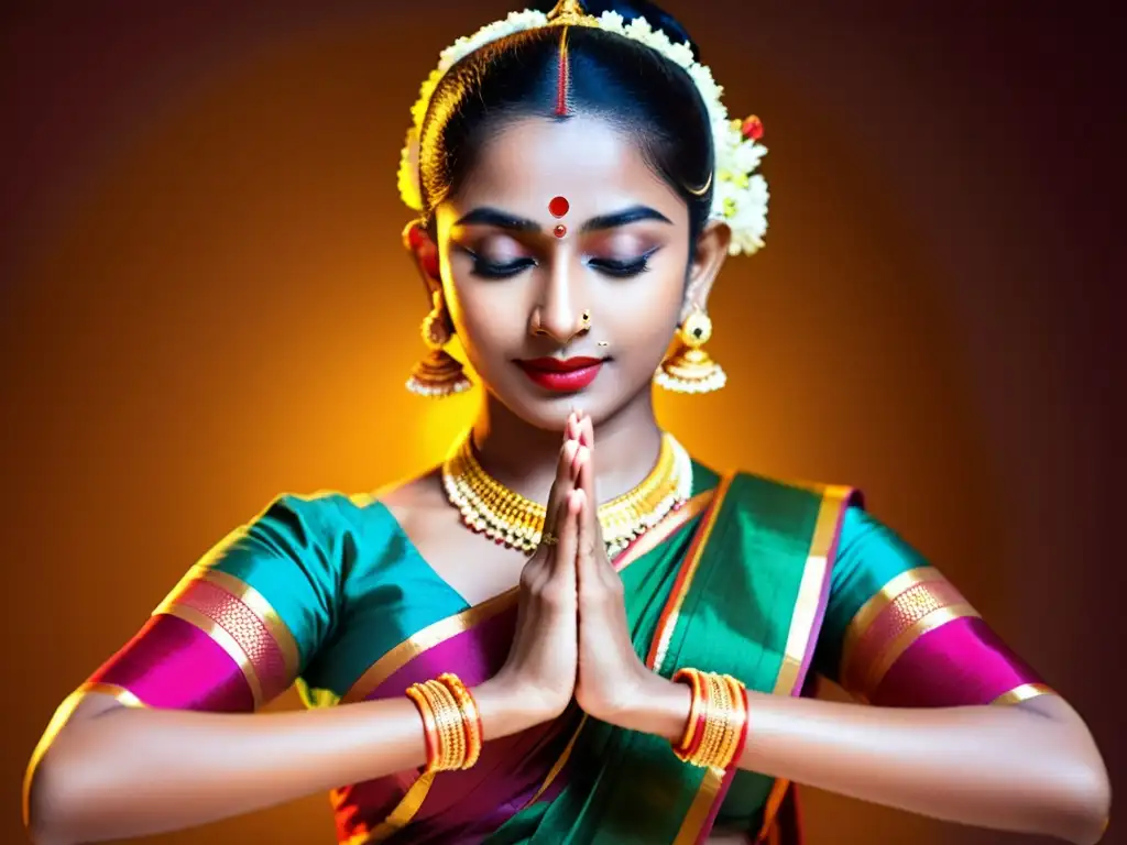 Una bailarina de Bharatanatyam ejecuta una mudra con gracia, vistiendo un traje vibrante y detallado