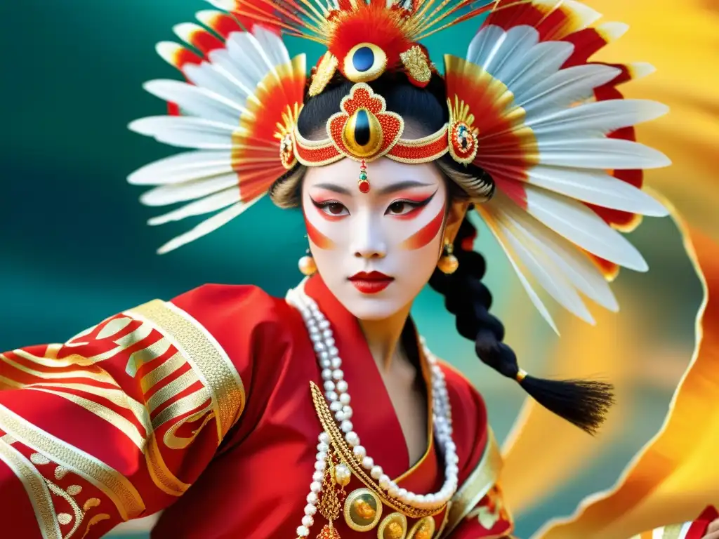 Una bailarina Okinawense luce un deslumbrante traje de pez león rojo y dorado, capturando la esencia cultural y la gracia de la danza