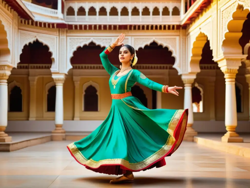 Una bailarina de Kathak India en un palacio histórico, realizando gráciles movimientos y gestos con traje vibrante