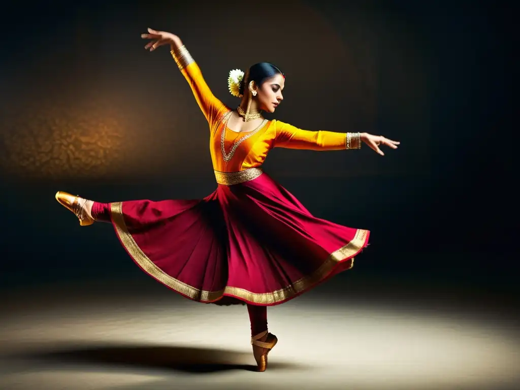 Una bailarina de Kathak en plena actuación, con su traje vibrante y movimientos elegantes