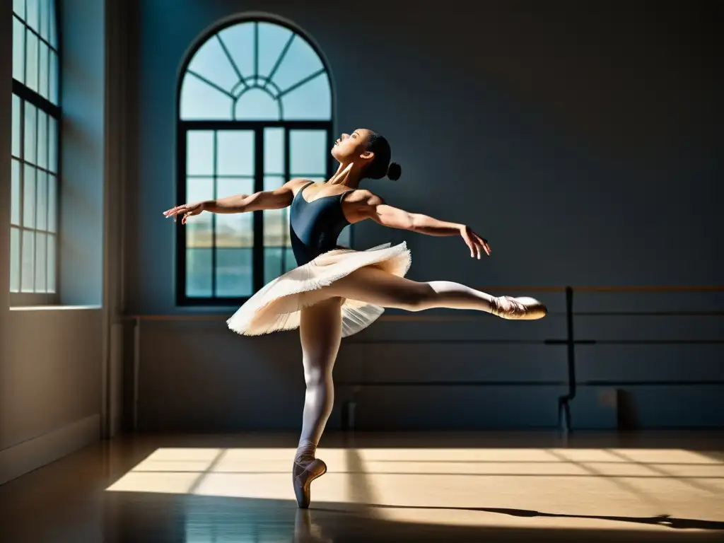 Una bailarina en pleno salto, con expresión de determinación y músculos tensos