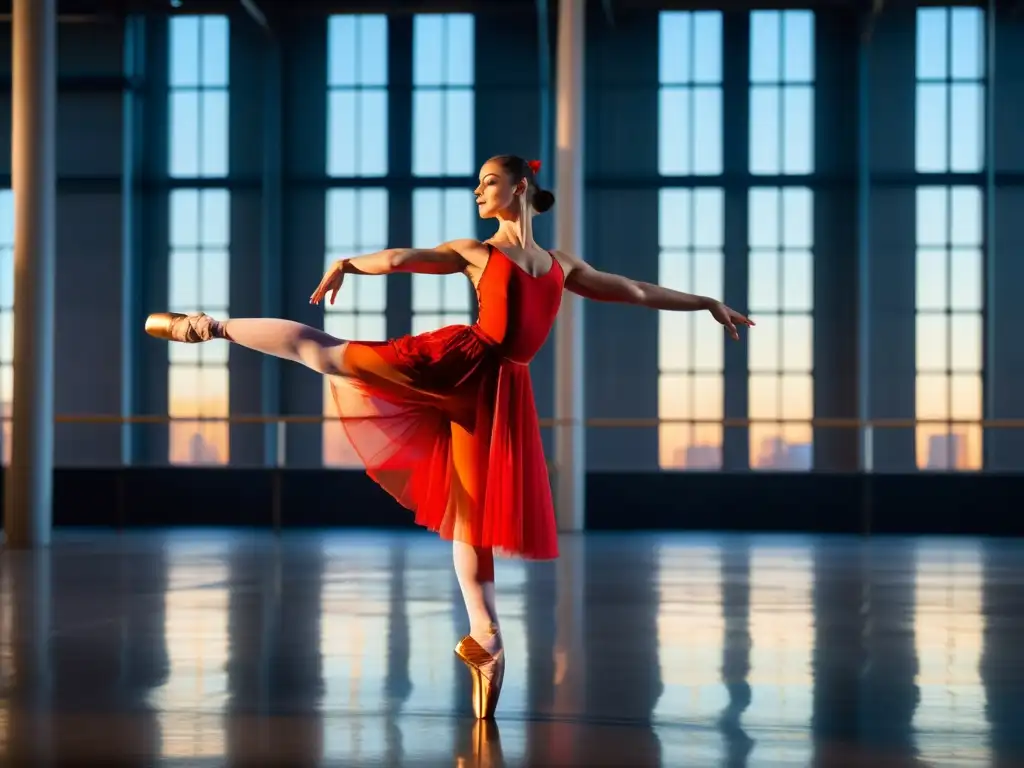 Una bailarina en una pose grácil de ballet, vestida con un vibrante traje, destaca contra un telón industrial