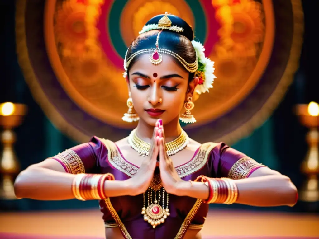 Una bailarina de Bharatanatyam ejecuta una pose tradicional, irradiando devoción y pureza en cada gesto