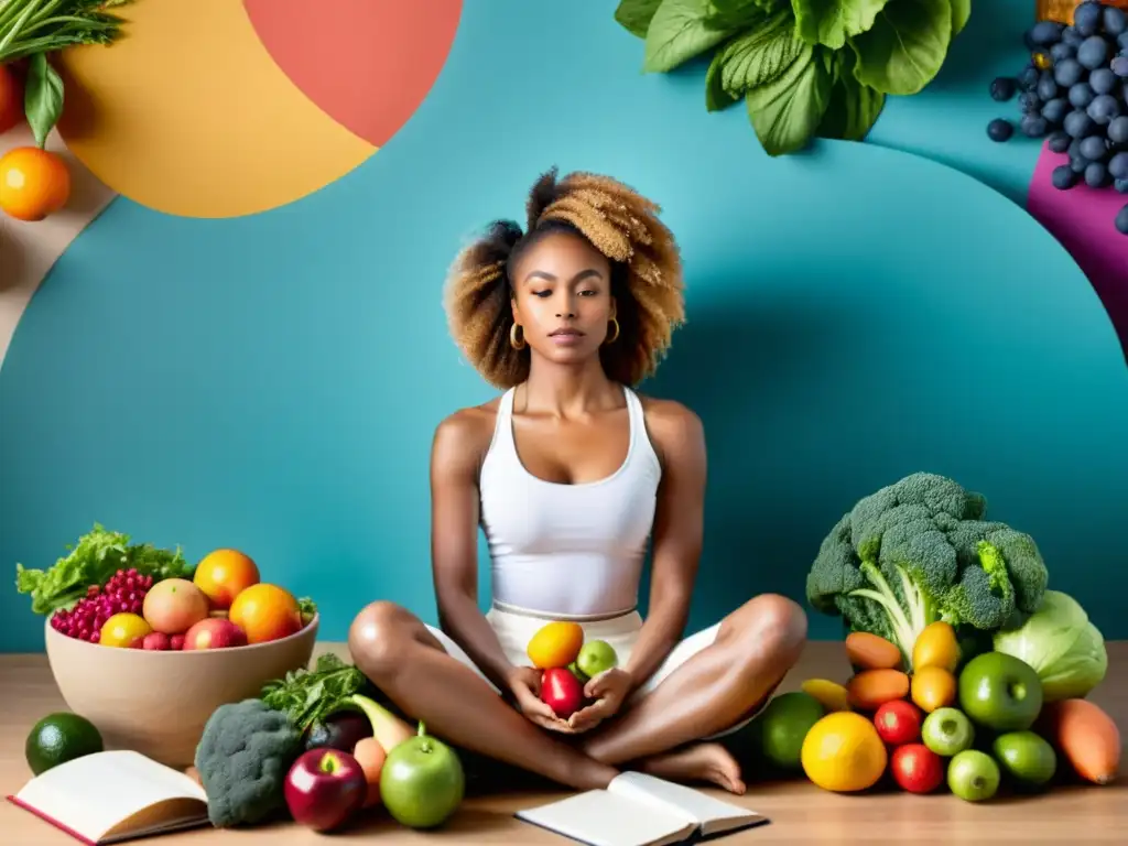 Una bailarina profesional planificando comidas rodeada de alimentos vibrantes