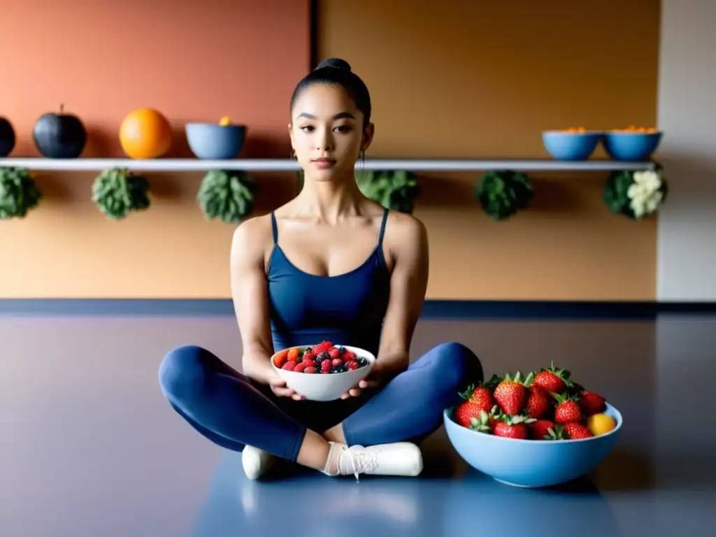 Una bailarina profesional se prepara para cuidar su cuerpo con antioxidantes, rodeada de frutas y equipamiento de ballet