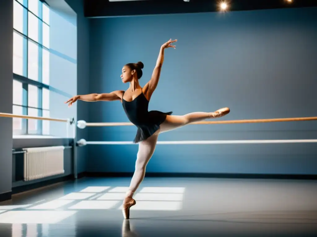 Una bailarina profesional ejecutando un grand jeté en un estudio luminoso, resaltando la importancia de la nutrición en danza