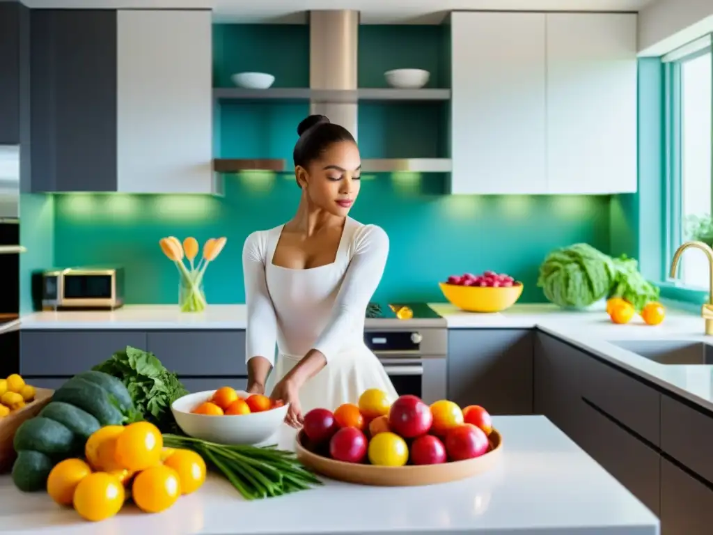 Una bailarina profesional selecciona con gracia frutas y verduras frescas en una cocina luminosa y espaciosa, mostrando determinación y disciplina