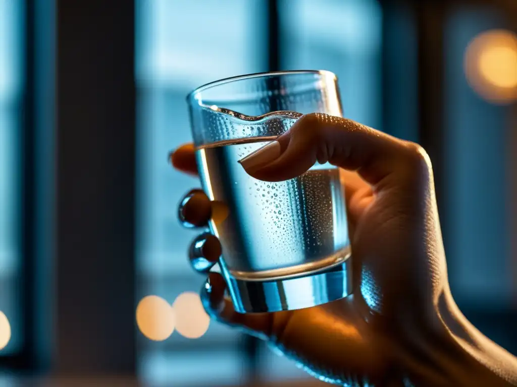 Una bailarina profesional sostiene con gracia un vaso de agua claro y vibrante, con gotas de condensación