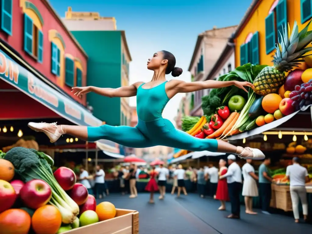 Una bailarina profesional ejecuta un grand jeté en un mercado vibrante, destacando la alimentación de bailarines internacionales