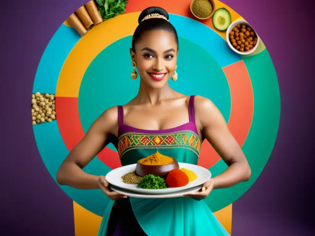 Una bailarina profesional sostiene elegantemente un plato de comida nutritiva y colorida, rodeada de elementos culturales diversos