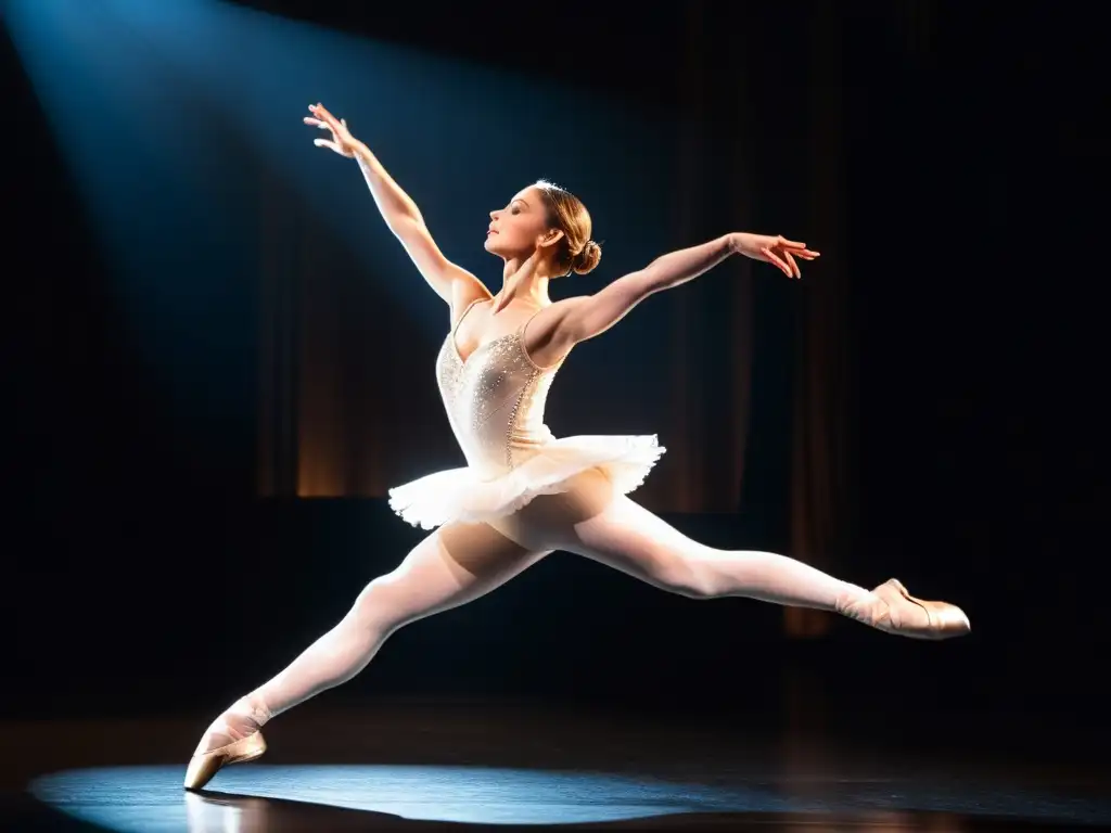 Una bailarina profesional en pleno salto, destacando su gracia y destreza en escena