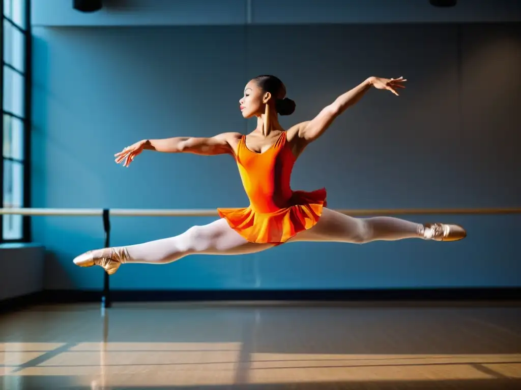 Una bailarina profesional con un traje vibrante y fluido muestra equilibrio y fuerza en una elegante pose