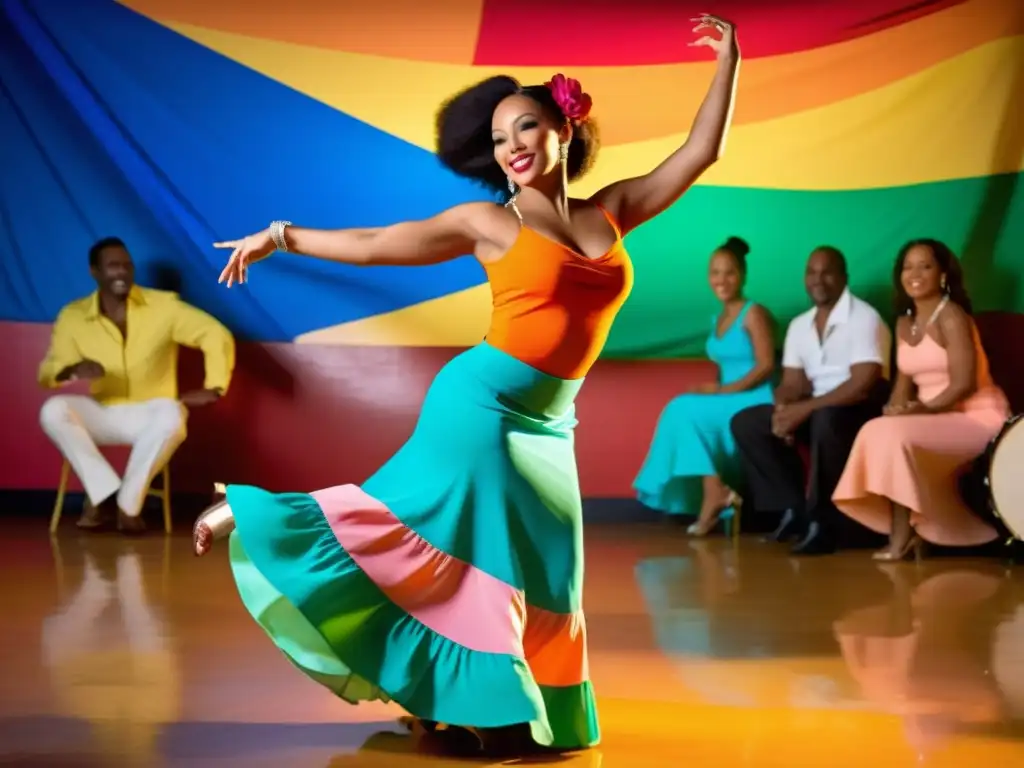 Una bailarina de rumba afrocubana ejecuta movimientos sensuales al ritmo de la música, en un ambiente vibrante y lleno de energía