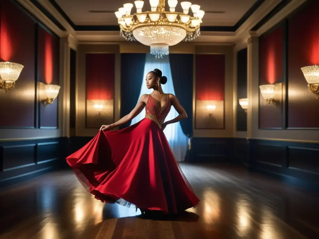 Una bailarina en un salón opulento, vistiendo un vestido rojo vibrante, cautiva a una audiencia exclusiva