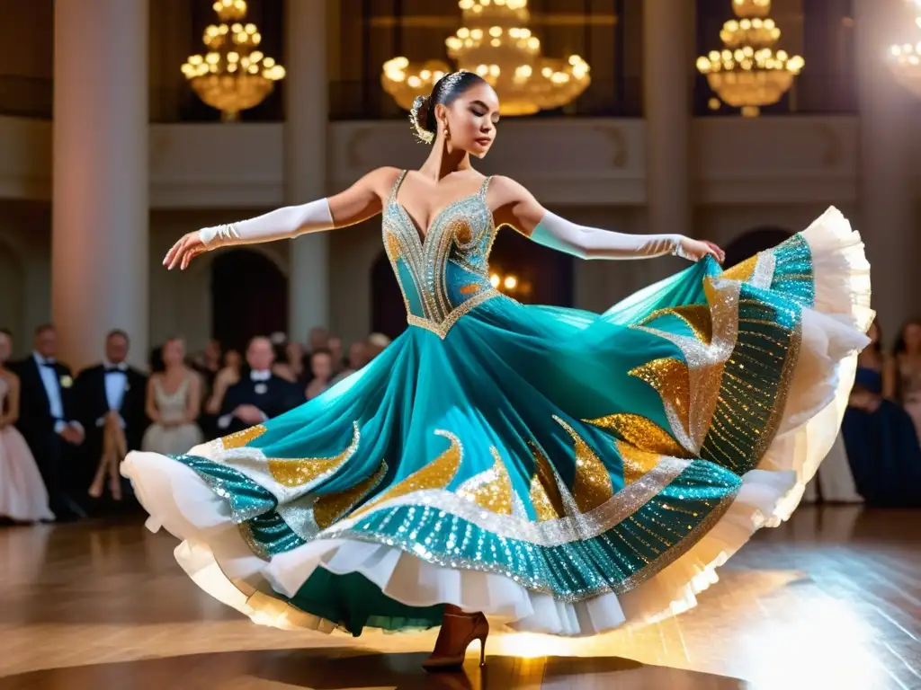 Una bailarina de salón elegantemente vestida de luces en un deslumbrante vestido europeo, girando con gracia en un opulento salón de baile