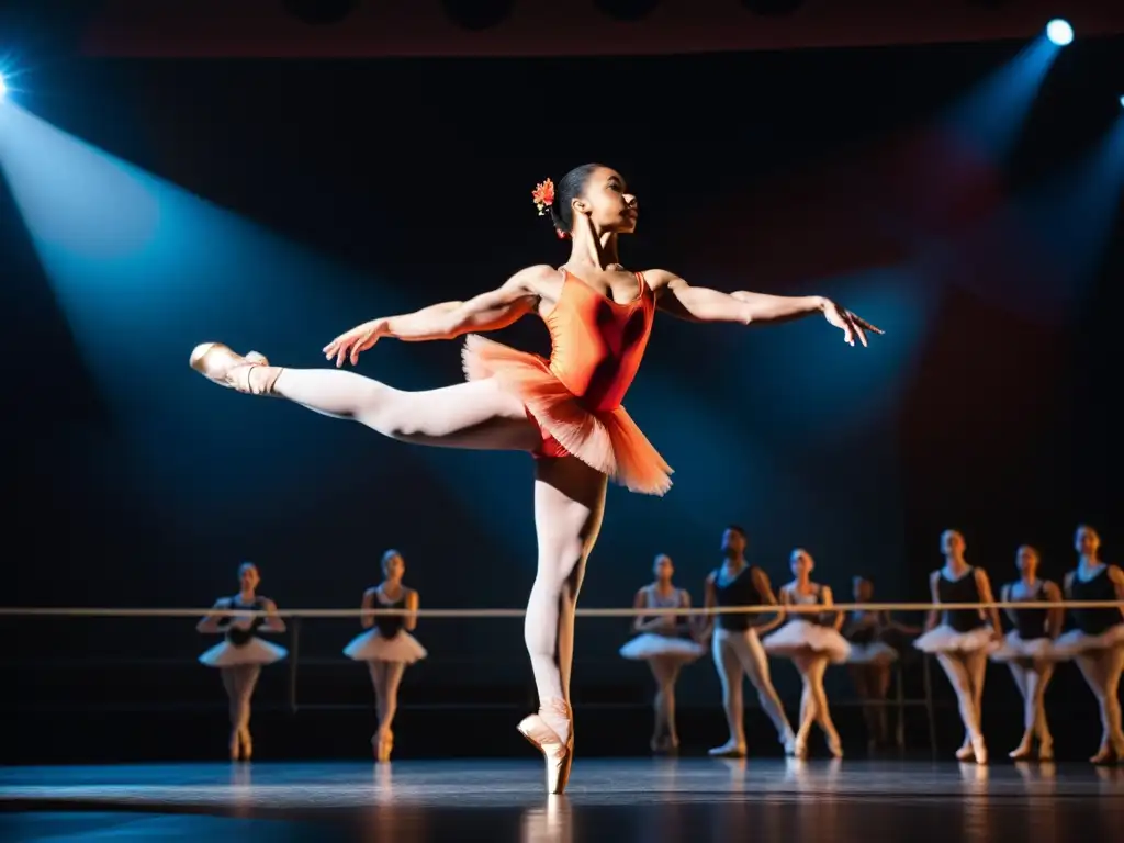 Una bailarina en salto, con fuerza y gracia, vistiendo un vibrante leotardo y mallas