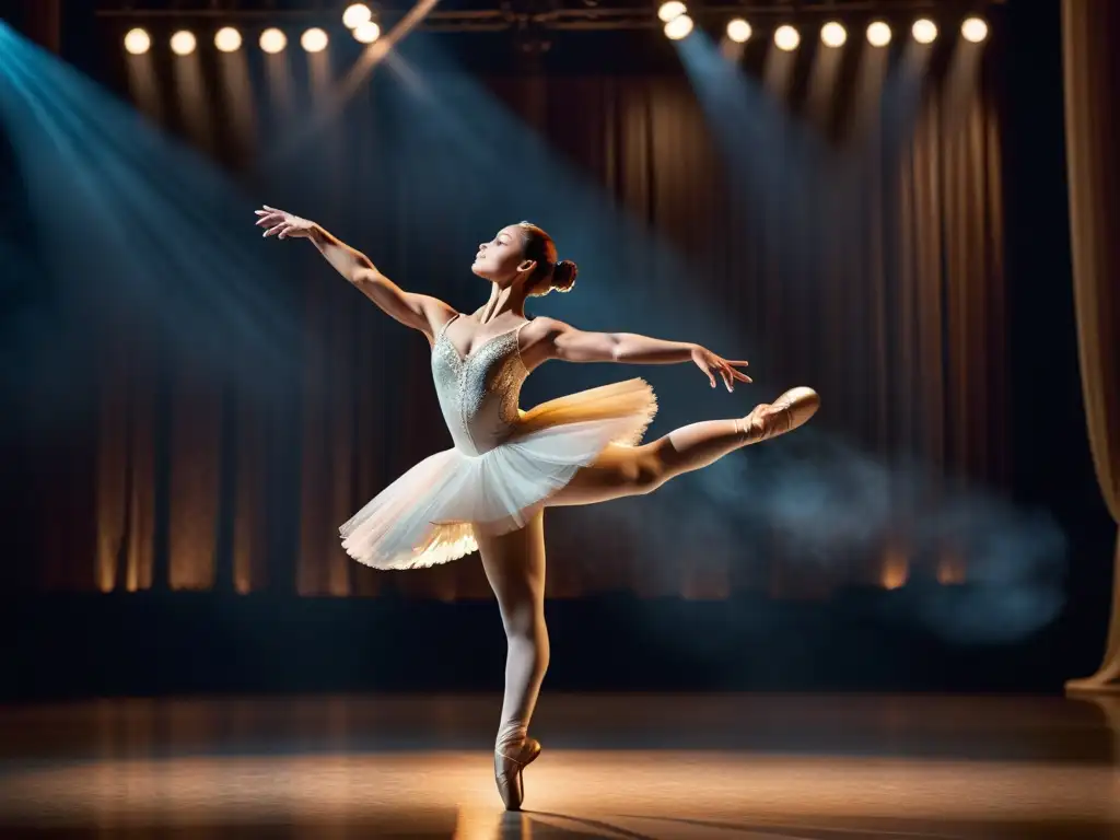 Una bailarina en un salto grácil, iluminada por luces de escenario, demostrando fuerza y agilidad