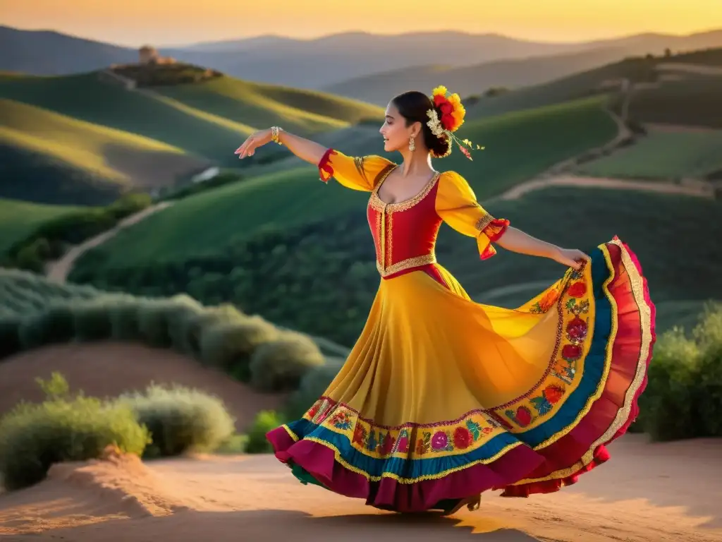 Una bailarina de La Seguidilla: danza tradicional española, con un vestido colorido bailando al atardecer en un paisaje pintoresco