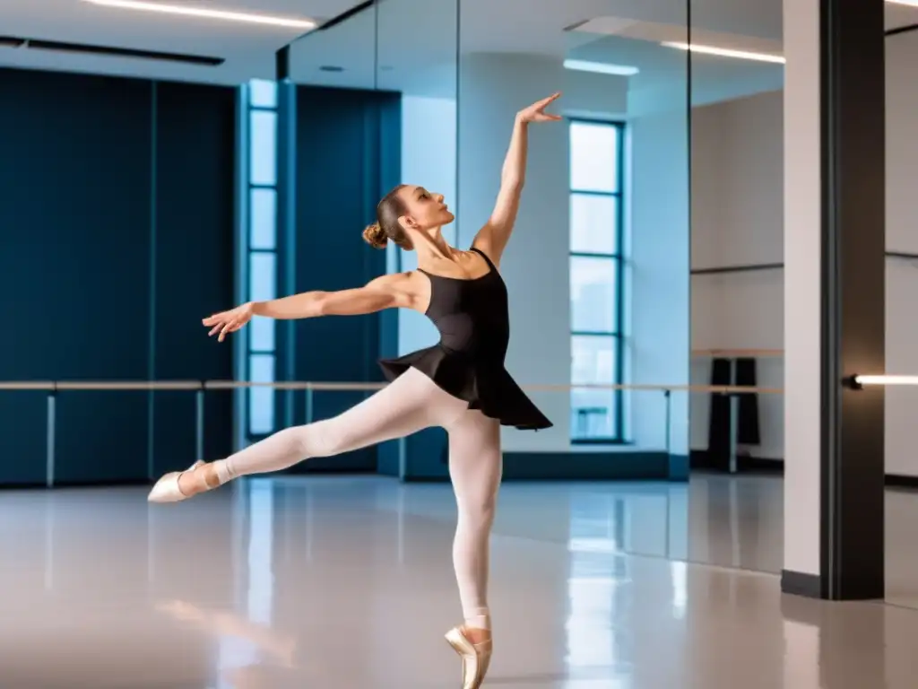 Una bailarina practica ballet con sensores de movimiento, en un estudio luminoso y moderno