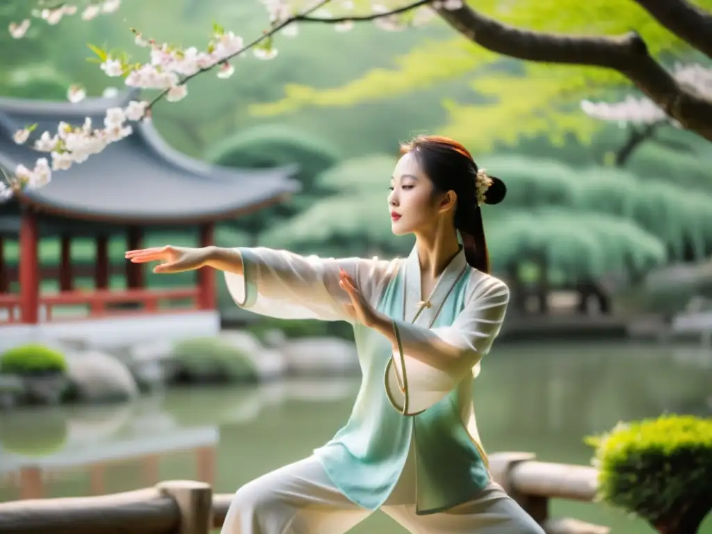 Una bailarina serena realiza Qi Gong en un jardín chino, rodeada de naturaleza exuberante y flores de cerezo