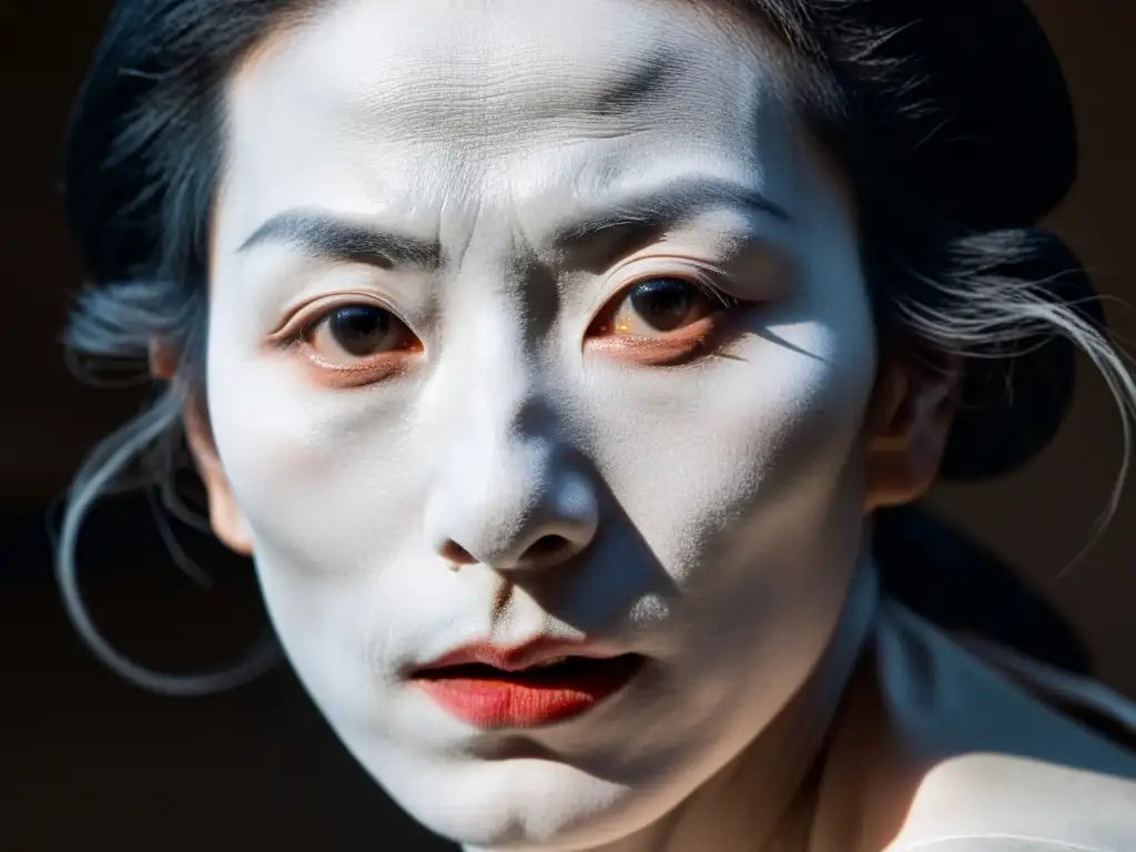 Una bailarina de Butoh con el significado cultural de la danza Butoh japonesa capturado en su expresión contorsionada, reflejando agonia y éxtasis