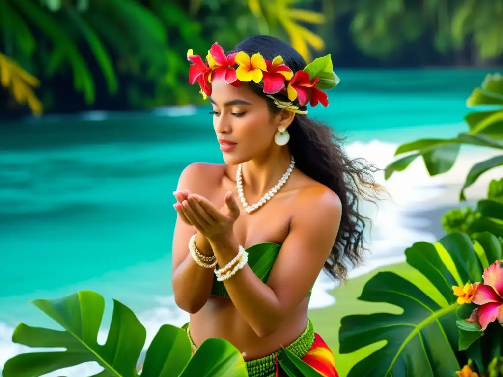 Una bailarina tahitiana realiza el Aparima con gracia, llevando pulseras de flores y con un pareo colorido, en un escenario tropical