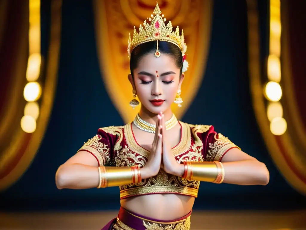 Una bailarina tailandesa ejecuta una pose elegante, vistiendo un deslumbrante traje tradicional