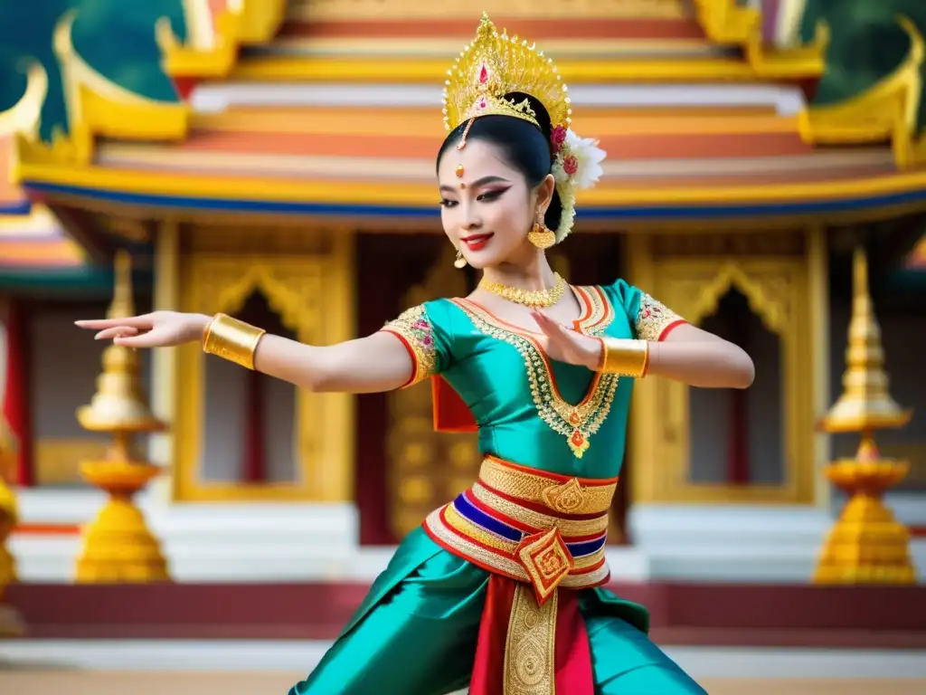 Una bailarina tailandesa tradicional cautiva con sus elegantes movimientos y trajes ornamentados en el escenario de un templo histórico