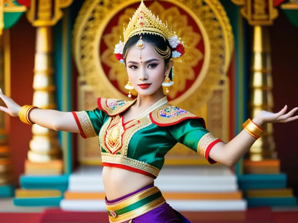 Una bailarina tailandesa viste un traje ornado con bordados dorados y joyas, danzando frente a un templo tailandés al atardecer