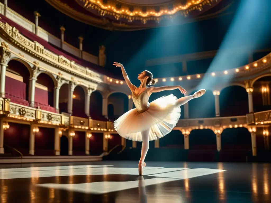 Una bailarina ejecuta un grand jeté en un teatro ornado, con un vestuario impresionante