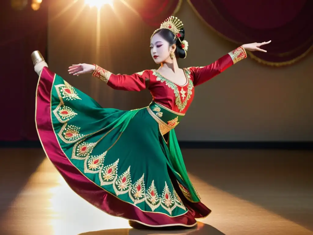 Una bailarina tradicional asiática deslumbra con un traje vibrante y detallado