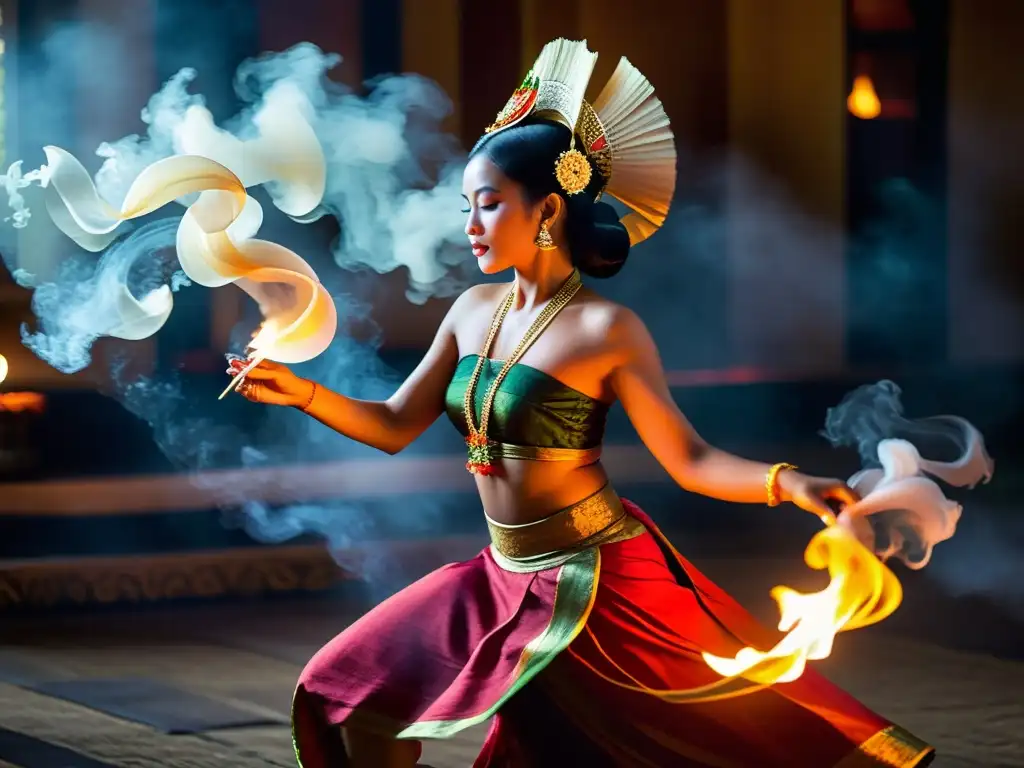 Una bailarina tradicional balinesa se mueve con gracia entre velas y aromas festivales, envuelta en telas vibrantes y humo de incienso