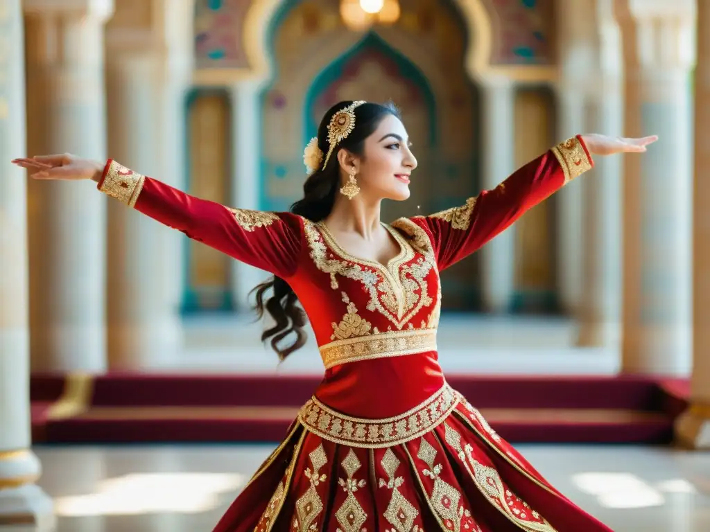 Una bailarina tradicional de Azerbaiyán luce un deslumbrante traje rojo y dorado mientras gira con gracia y alegría