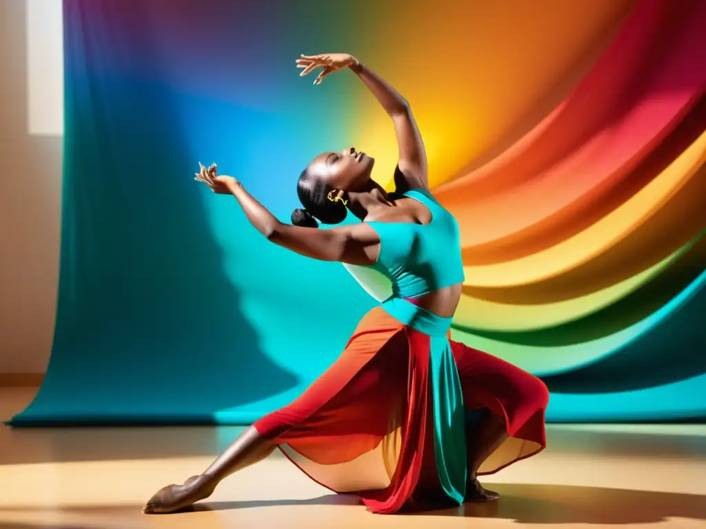 Una bailarina tradicional se estira con gracia en un estudio vibrante, capturando la esencia de las danzas tradicionales y la belleza del movimiento