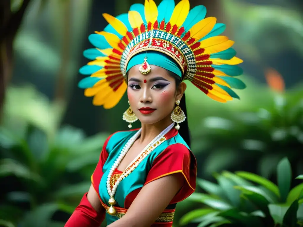 Una bailarina tradicional indonesia con un traje vibrante y adornos intrincados, realizando movimientos expresivos en medio de exuberante vegetación