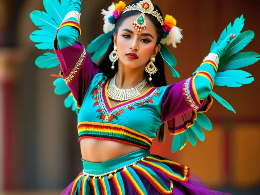 Una bailarina tradicional latinoamericana con traje religioso y movimientos reverentes