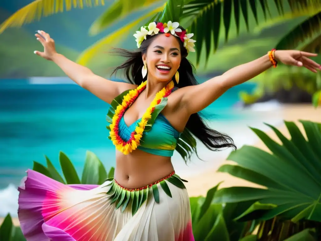 Una bailarina de hula tradicional, con un traje colorido, ejecuta graciosos movimientos al ritmo de la música polinesia