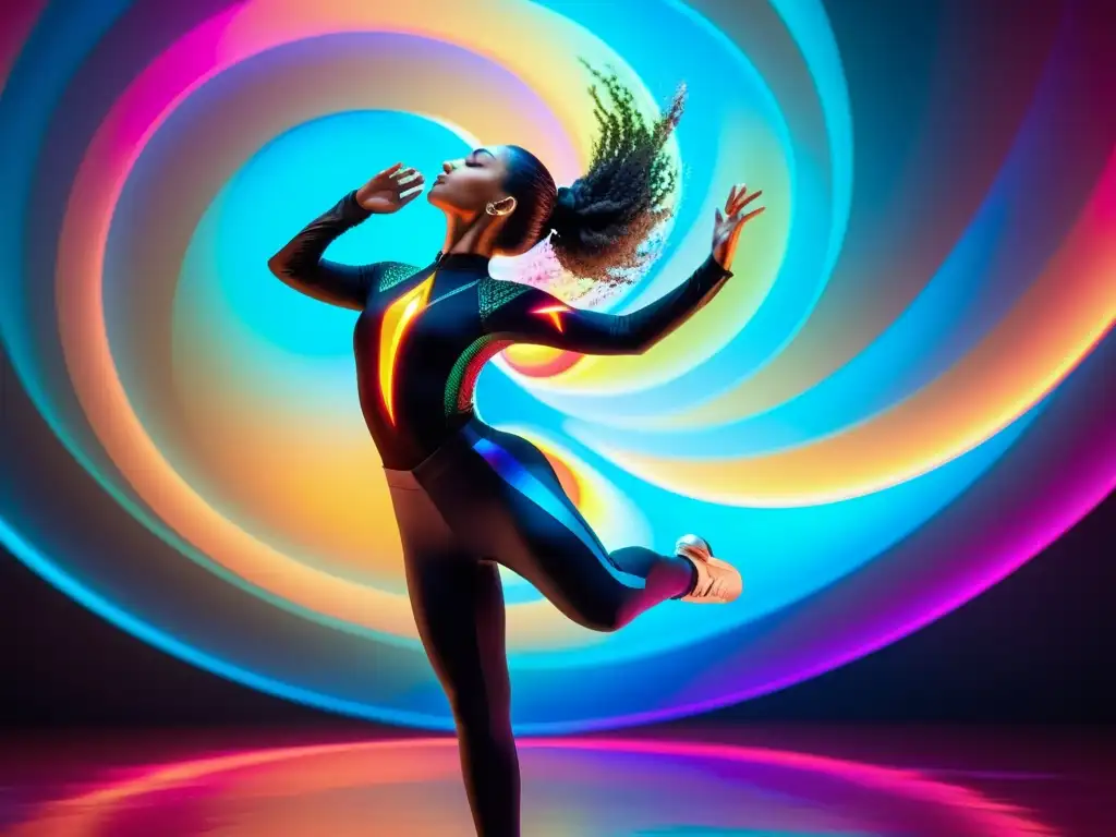 Una bailarina en un traje futurista es envuelta por ondas sonoras vibrantes y coloridas, capturando la energía de su danza multimedia integrando elementos visuales y auditivos